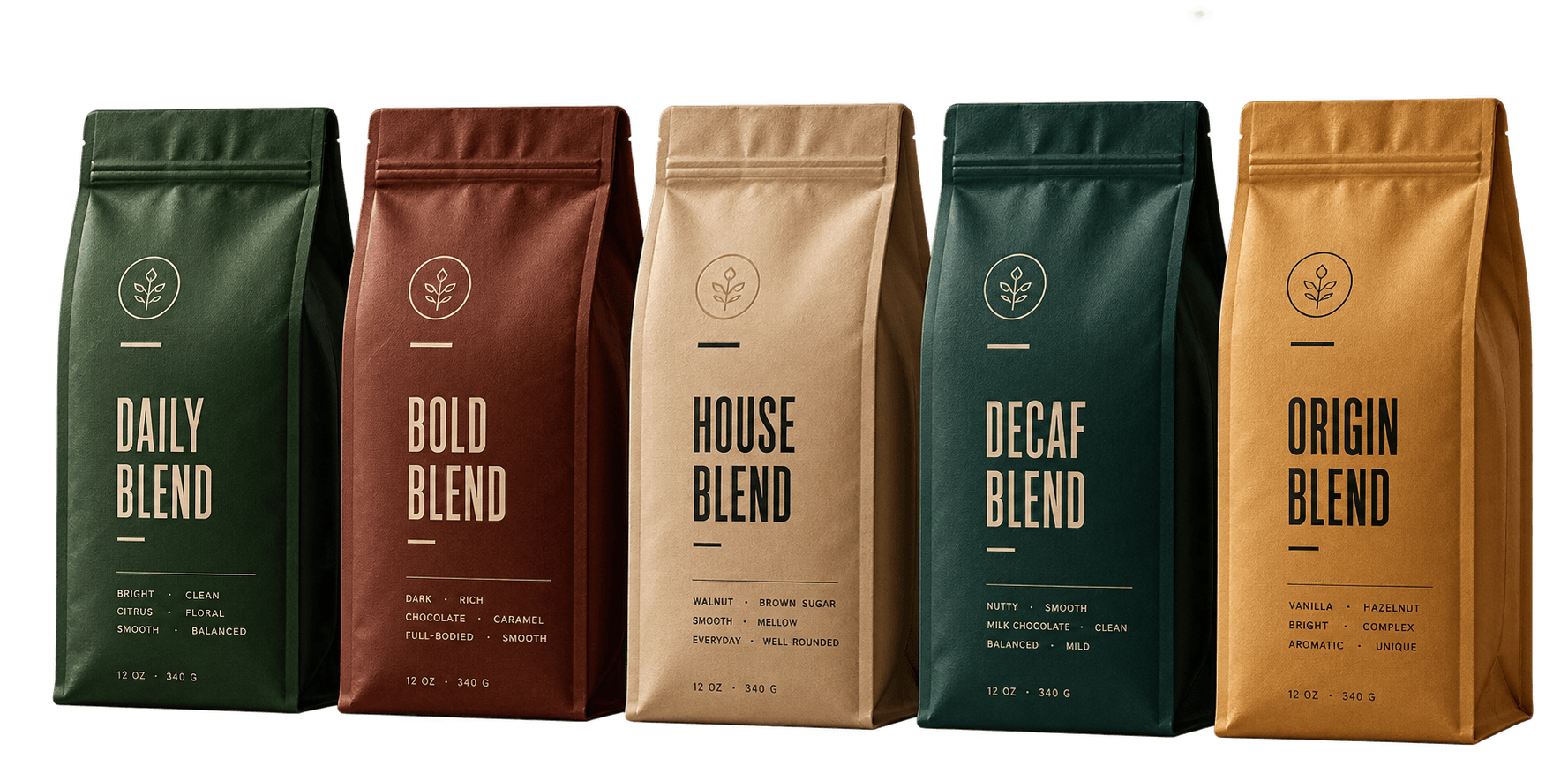 Five Common Ground coffee bags: Daily, Bold, House, Decaf and Origin